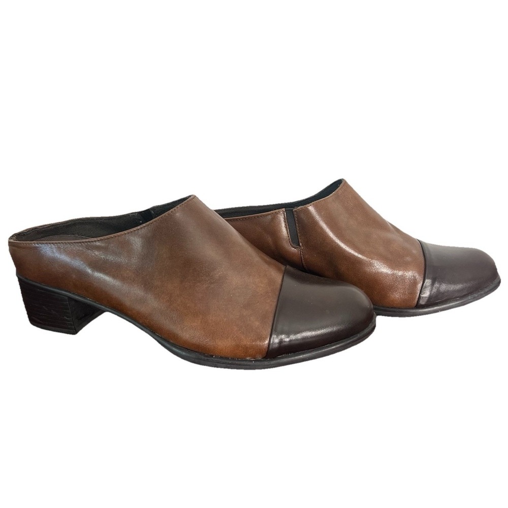 Munro American Womens Brown Leather Cap Toe Mule Clog Block Heel Shoes Size 8 M